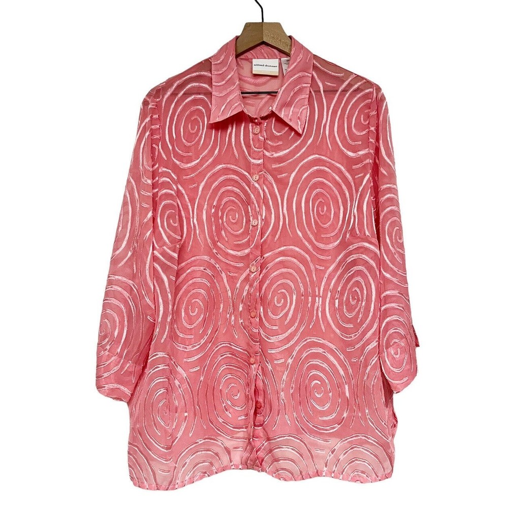 Alfred Dunner Woman Swirl Pattern Button Up Semi-Sheer Blouse Plus Size 18W